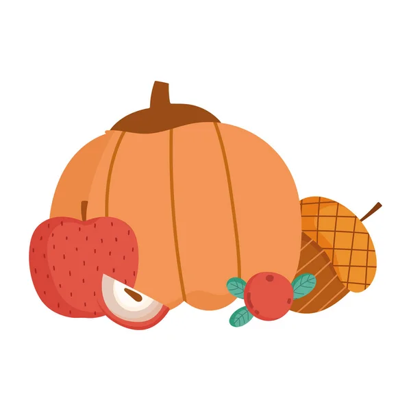 Hallo Herbst, frischer Kürbis Apfel Eichel Beere und Tannenzapfen Cartoon weißen Hintergrund — Stockvektor