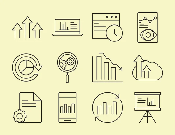 Análisis de datos, iconos de línea de recogida de la economía financiera empresarial — Archivo Imágenes Vectoriales