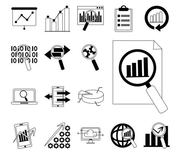 Ανάλυση δεδομένων, εικονίδια της ψηφιακής γραμμής συλλογής οικονομικής δραστηριότητας — Διανυσματικό Αρχείο