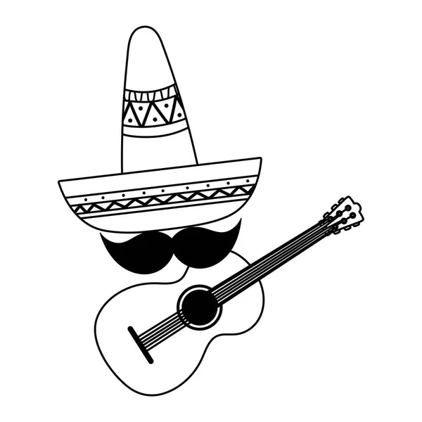 Fête de l'indépendance mexicaine, chapeau guitare moustache décoration, viva mexico est célébrée sur le style de ligne de septembre — Image vectorielle