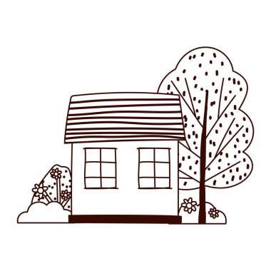 Şirin ev ağacı çiçekleri izole edilmiş beyaz arkaplan çizgisi biçimi bırakıyor