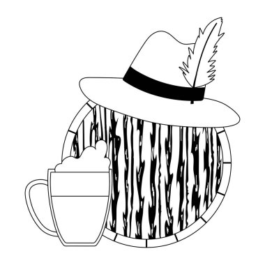 Oktoberfest festivali, ahşap fıçıda tüy olan şapka, geleneksel Alman tarzı kutlama.