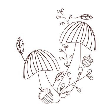 Sonbahar mantarları meşe palamudu dalı izole edilmiş beyaz arkaplan çizgisi biçimini bırakır