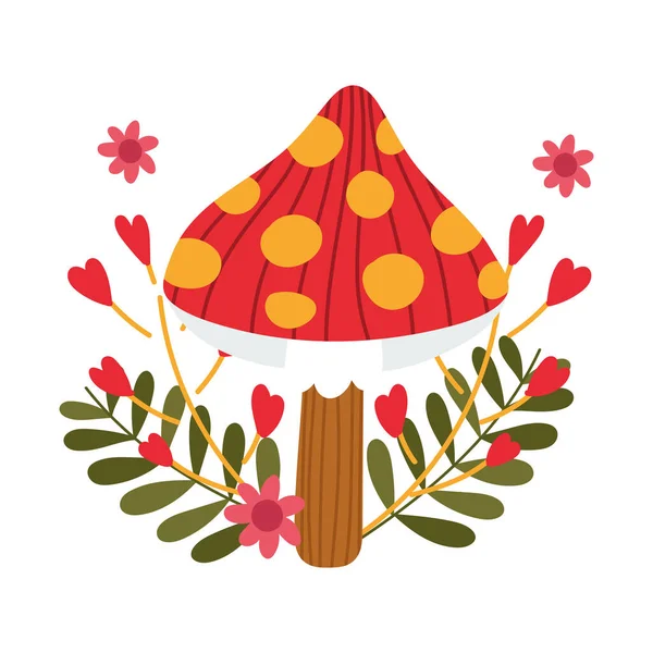 Hola otoño, flores de hongos de dibujos animados hojas follaje tarjeta — Vector de stock