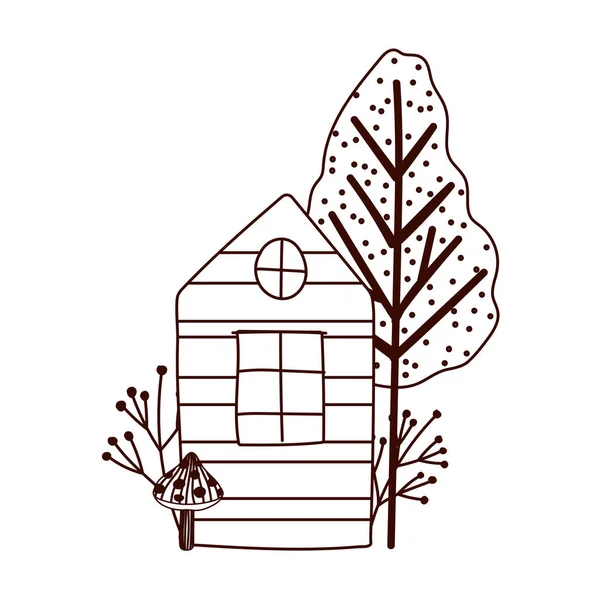 Campo vintage casa árbol seta hojas dibujos animados estilo línea — Vector de stock