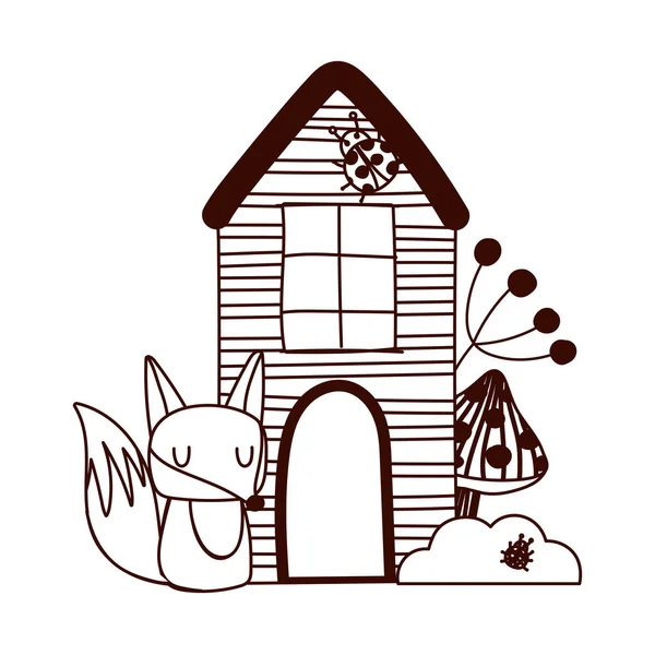 Bonjour automne, dessin animé mignon renard maison champignons buisson ligne style — Image vectorielle