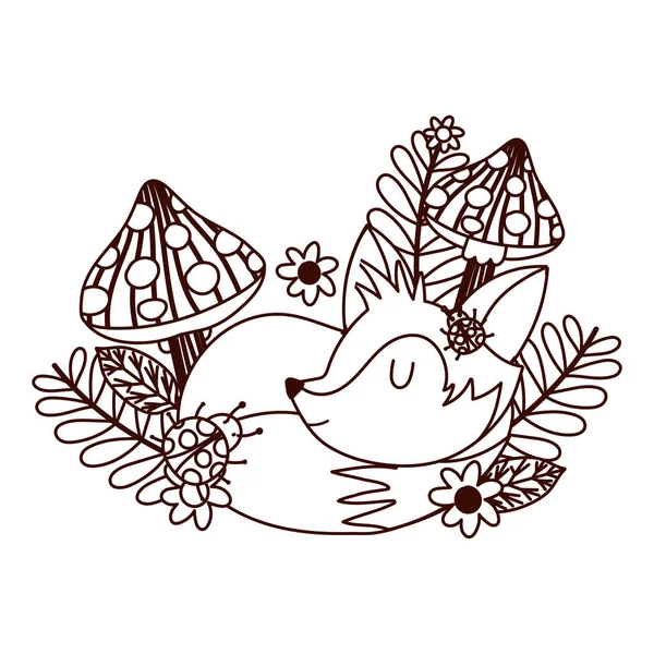 Hallo herfst, slapende vos cartoon paddestoelen lieveheersbeestje bloemen natuurlijke lijn stijl — Stockvector