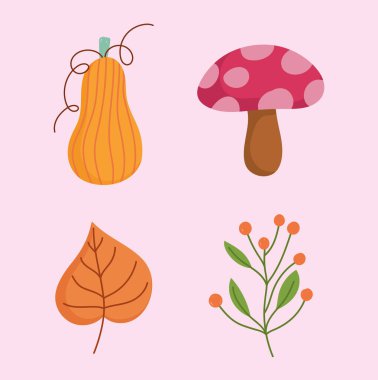 Şükran günün kutlu olsun, mantar kabağı yaprağı ve böğürtlen ikonlu dal.