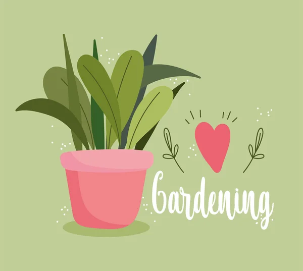 Jardinería, planta en olla corazón amor tarjeta de decoración — Vector de stock