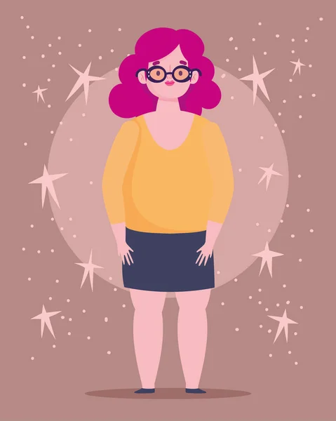 Perfekt unvollkommen, Cartoon-Frau mit Brille, liebe deine Kurven — Stockvektor