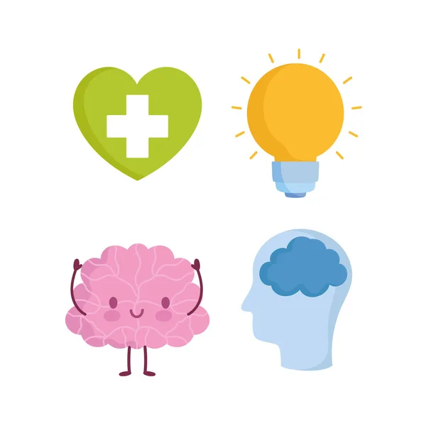 World mental health day, cartoon brain profile human head heart bulb icons — Stock Vector