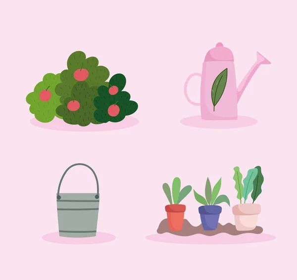 Heureux jardin, seau arrosage peut buisson fruits et plantes en pot — Image vectorielle