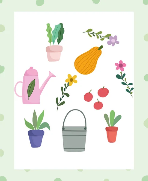 Heureux jardin, arrosage peut seau pot plante fleur fruits icônes — Image vectorielle