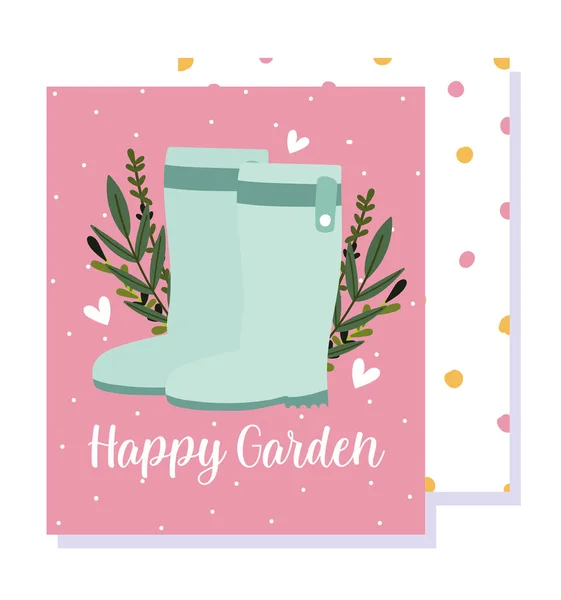 Glücklich Garten, grüne Gummistiefel Blätter Laub, gepunktete Hintergrundkarte — Stockvektor