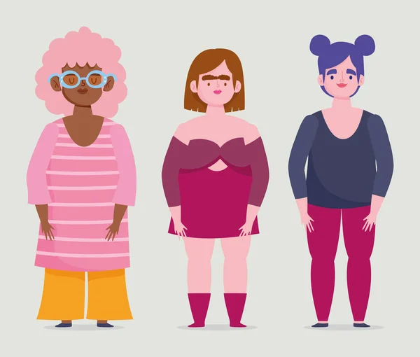 Perfect imperfect, cartoon vrouwen groep curvy lichaam — Stockvector