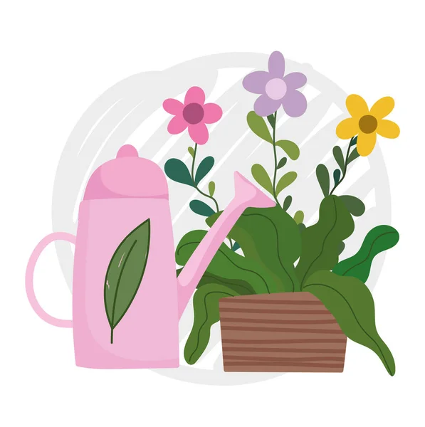 快乐的花园，浇灌的罐头和花朵在盆栽装饰中 — 图库矢量图片