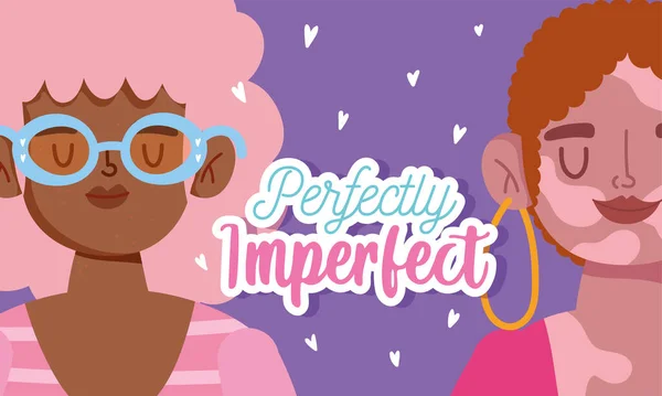 Perfectamente imperfecto, retrato de mujeres de dibujos animados con vitiligo — Vector de stock