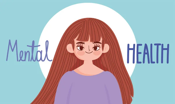 World mental health day, cartoon girl portrait, lettering card — Stock Vector