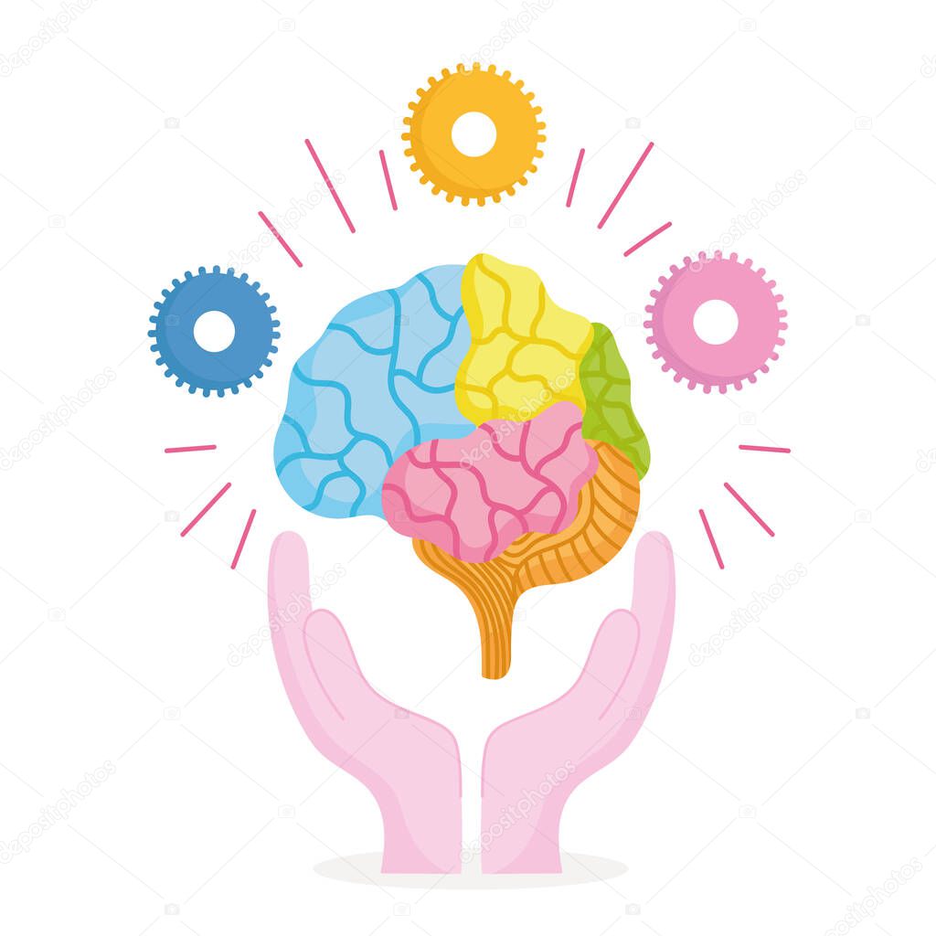 world mental health day, hands with human brain and gears