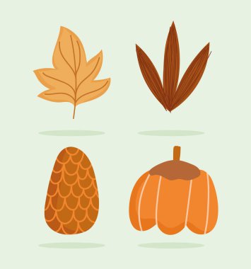 Mutlu Şükran Günleri, sonbahar yaprakları balkabağı ve çam kozalağı ikonları