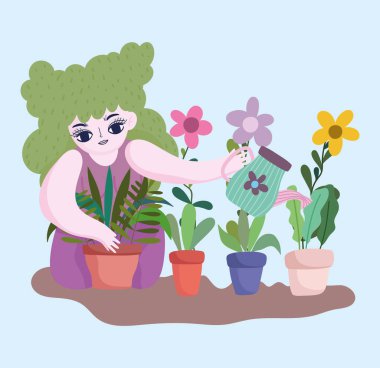 Mutlu bahçe, sulama tenekesi olan kız saksılara çiçek ve çiçek ekiyor.