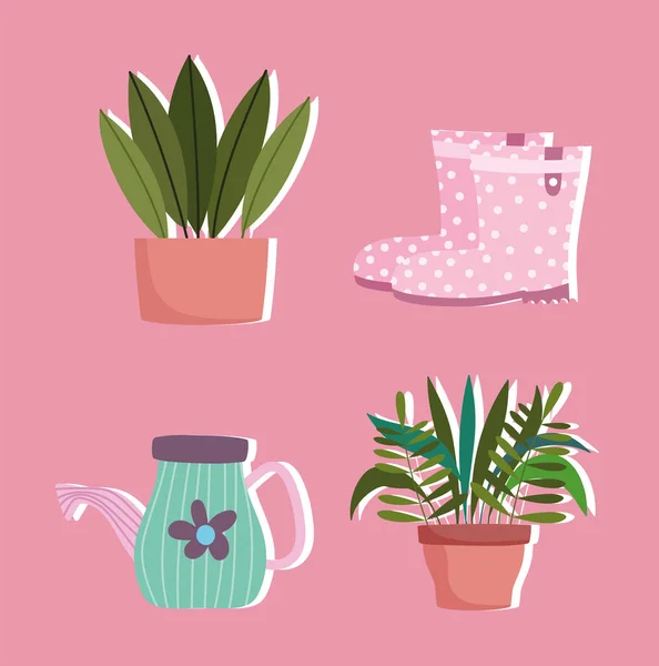 Jardinería, botas de goma regar cand plantas en íconos de decoración de olla — Vector de stock