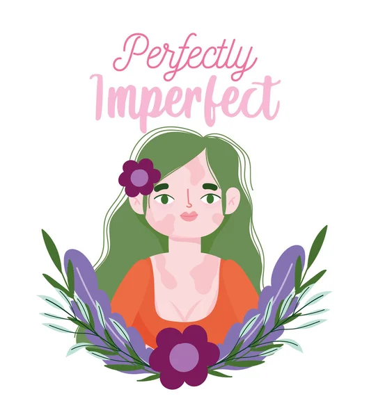 Perfect imperfect, cartoon vrouw met vitiligo en bloemen portret — Stockvector