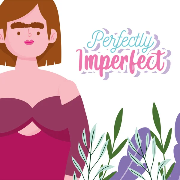 Perfect imperfect, cartoon vrouw portret karakter laat bloemenkaart — Stockvector