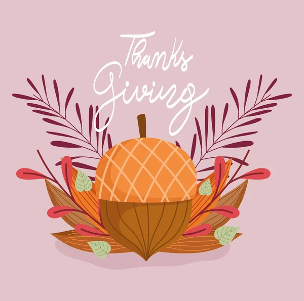 Feliz acción de gracias, hojas de otoño bellota rama decoración tarjeta — Vector de stock