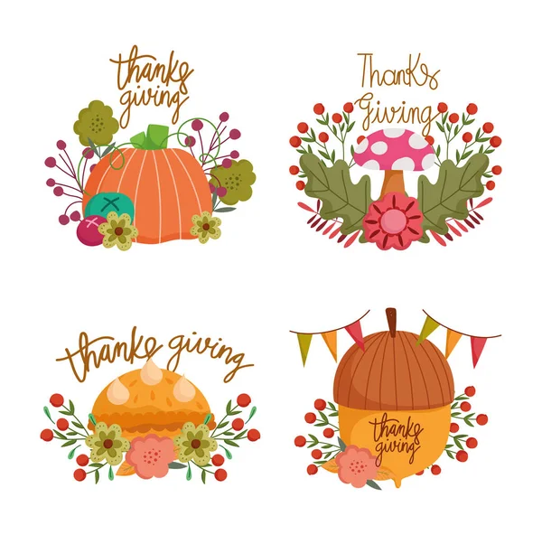Happy thanksgiving day, collection lettering mushroom pumpkin acorn flowers decoration — Stock Vector