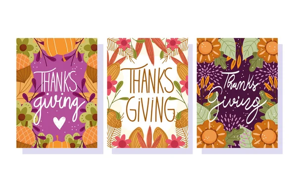 Glad Thanksgiving dag, gratulationskort och inbjudningar blommor blad dekoration — Stock vektor