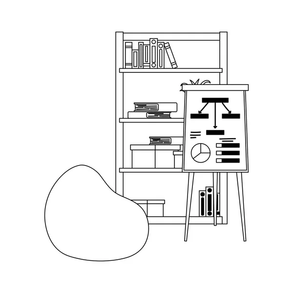 Espaço de trabalho escritório feijão cadeira estante e placa apresentação isolado estilo de linha de design —  Vetores de Stock