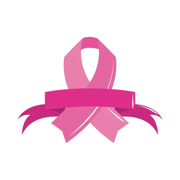 Mois de sensibilisation au cancer du sein, emblème enveloppé de ruban rose, concept de soins de santé style icône plate — Image vectorielle