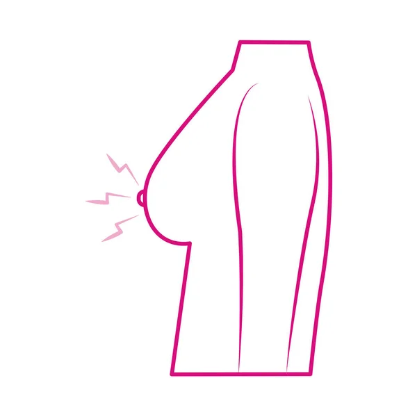 Borstkanker bewustzijn maand, pijn op de borst symptoom van vrouwelijk lichaam, gezondheidszorg concept lijn pictogram — Stockvector
