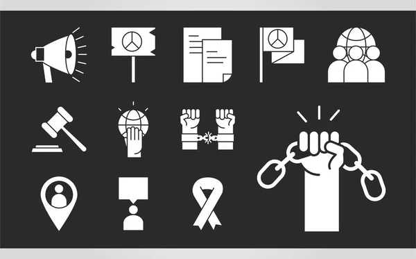 Día Internacional de los Derechos Humanos justicia cadena lucha esperanza iconos colección silueta icono estilo — Archivo Imágenes Vectoriales