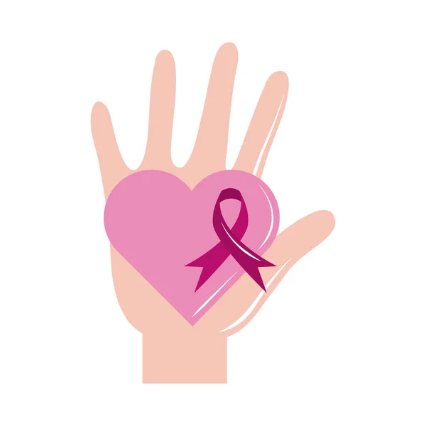 Brustkrebs Bewusstsein Monat, Hand mit Herz rosa Schleife, Gesundheitskonzept flache Ikone Stil — Stockvektor