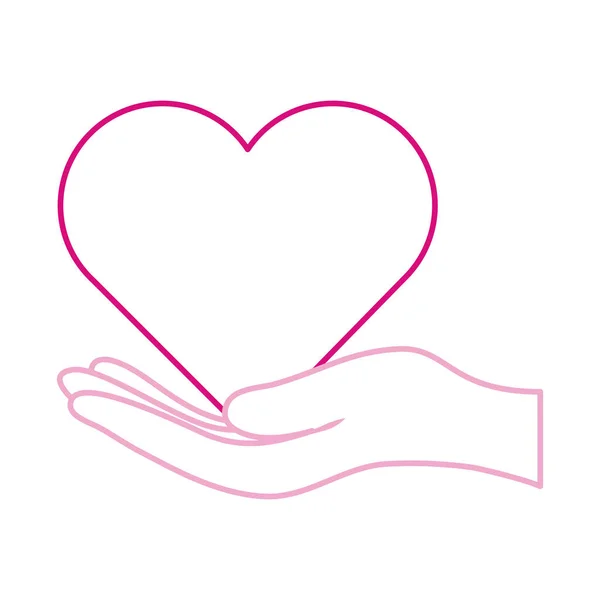 Câncer de mama mês consciência, mão segurando coração, ícone de linha conceito de cuidados de saúde —  Vetores de Stock