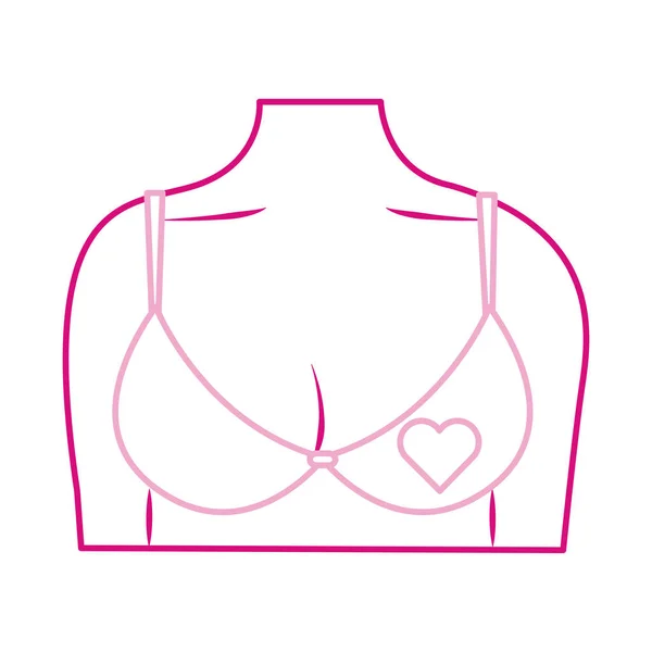 Mois de sensibilisation au cancer du sein, soutien-gorge poitrine féminine et coeur, icône de la ligne de concept de soins de santé — Image vectorielle
