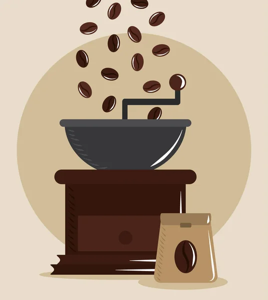 Café brassage, moulin torréfacteur grains et sac produit — Image vectorielle