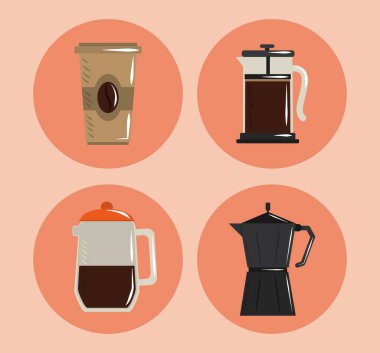 Kahve demleme, tek kullanımlık Fransız kahvesi Moka demliği ve imalat ikonları.