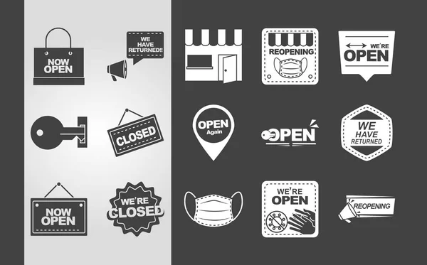 Set of were open again text lettering key door, silhouette icons — Stock Vector