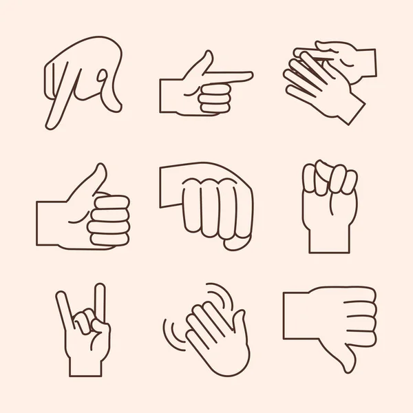 Gestual mão linguagem de sinais indicando letras diferentes ícones de linha alfabeto —  Vetores de Stock