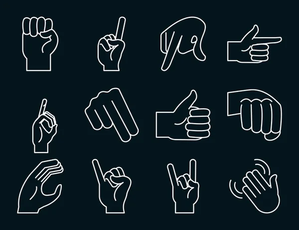 Νοηματική γλώσσα χέρι χειρονομία πακέτο εικονίδια γραμμή — Διανυσματικό Αρχείο