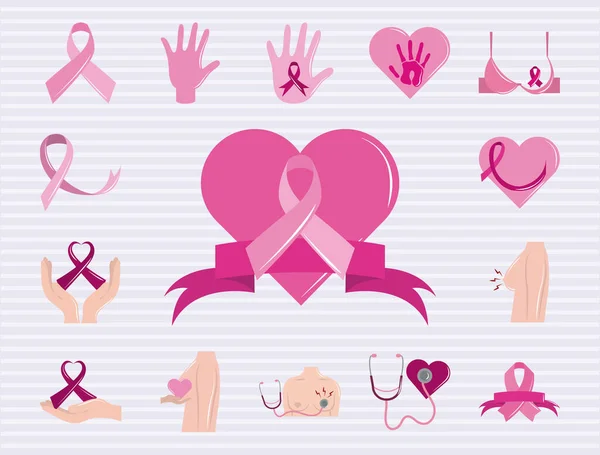 Mois de sensibilisation au cancer du sein, concept de santé style icônes plates — Image vectorielle