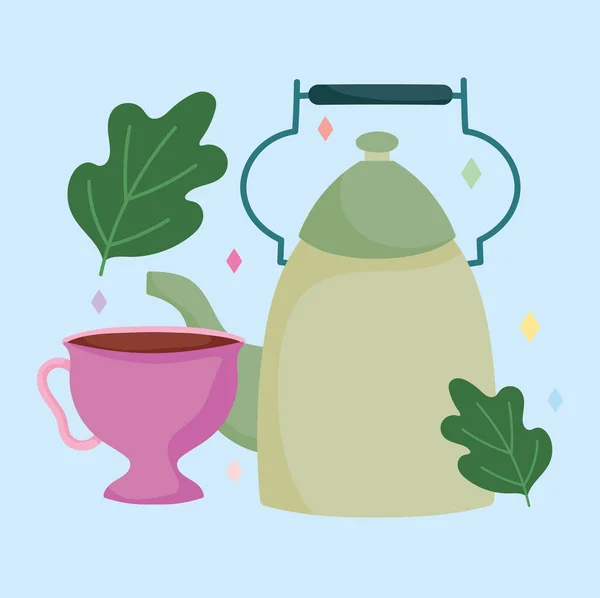 Bule de chá tempo e folha de xícara de ervas, cozinha cerâmica drinkware, desenho animado design floral —  Vetores de Stock