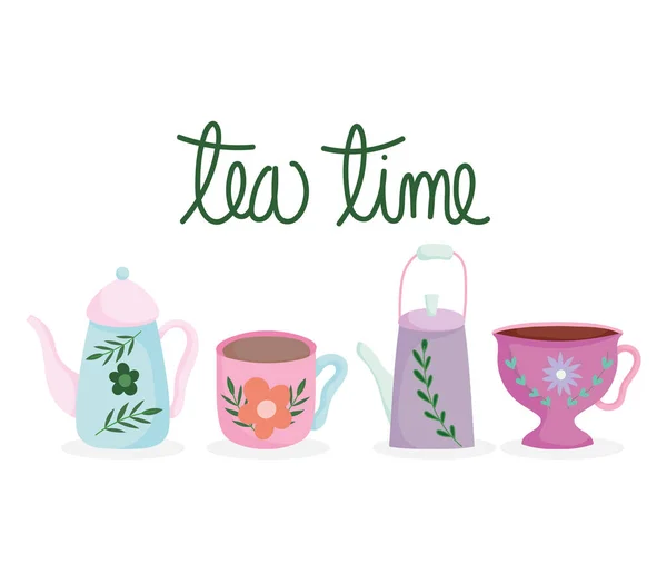 Hora do chá, bule e xícaras com flor imprimir cozinha cerâmica drinkware, desenho animado design floral —  Vetores de Stock