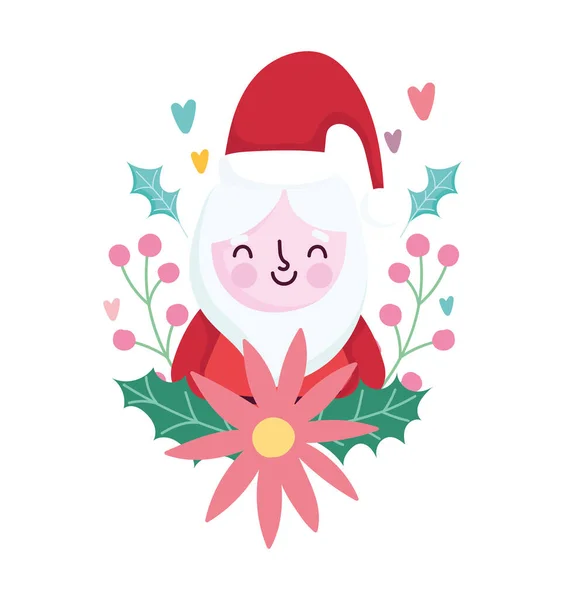 Frohe Weihnachten, Weihnachtsmann Weihnachtsstern Blumen Dekoration Festkarte zur Begrüßung — Stockvektor