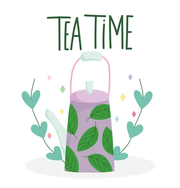 Thee tijd theepot met bedrukte bladeren keuken drinkware, bloemen ontwerp cartoon — Stockvector