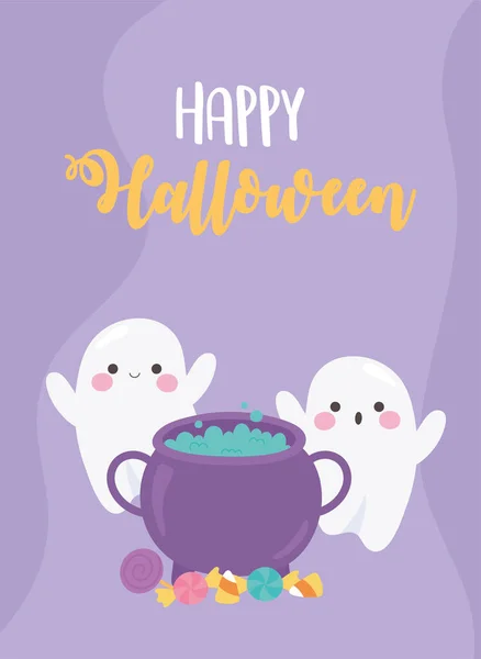 Feliz halloween, divertido fantasmas caldero y caramelos tratar o truco — Vector de stock