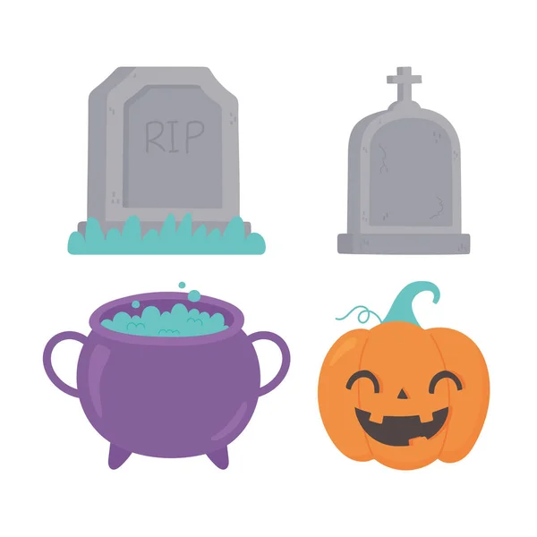 Feliz halloween dibujos animados caldera caldero lápidas iconos — Vector de stock